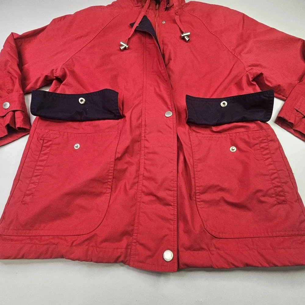 London Fog Hooded Parka Jacket Medium Red Full Zip Button Front Outdoor